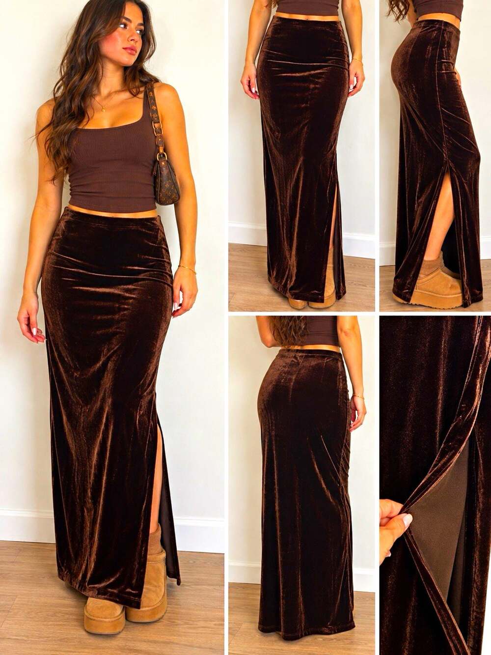 Y2K Soda Blu Chocolate Brown Velour Maxi Skirt Side Slit 90s Grunge
